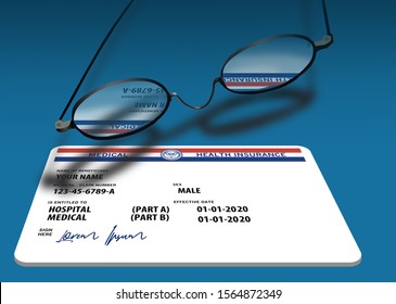 Here Is A Mock, Generic, 2020 Medicare Health Insurance Card And A Pair Of Wire Rimmed Eye Glasses. 