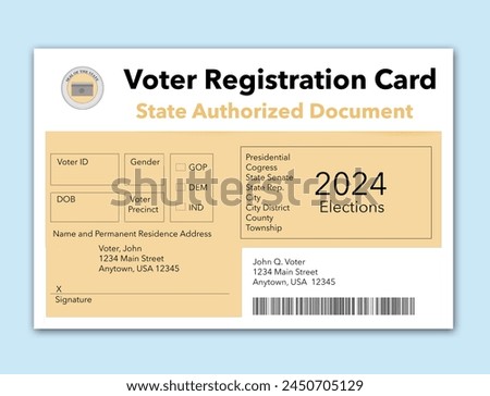 Here is a mock, generic state issued voter registration card.This is about voters and elections and is a 3-d illustration.