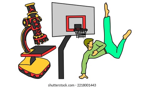 Here Are Two Objects And One Man, A Electronic Microscope, Basketball Table And A Karate Man 