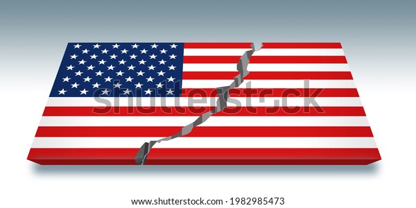 Here is a USA flag that has been split down\
the middle by a crack. Americans discuss the growing divide in USA\
politics.This is a 3-d\
illustration.