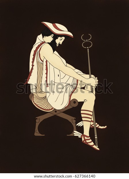 Hermes Mercury Seated Thoughtful Caduceus Winged Stock Illustration ...