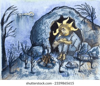 A hermit bored in a cave by an extinct fire. Desolation. An image of an inverted tarot.