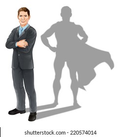 Hero businessman concept, illustration of a confident handsome business man standing with his arms folded with superhero shadow