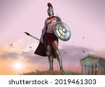 Heroic Spartan warrior with body armor standing in fron of a ancient temple, 3d render.