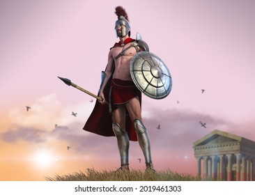Heroic Spartan warrior with body armor standing in fron of a ancient temple, 3d render.
