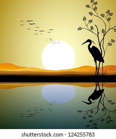 Heron Silhouette On Lake