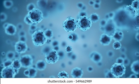Herpes virus or germs microorganism cells under microscope. COVID-19. Fast multiplication of bacteria. Infection and microbe. Microbiology, popular scientific background. High Quality 3D Render.