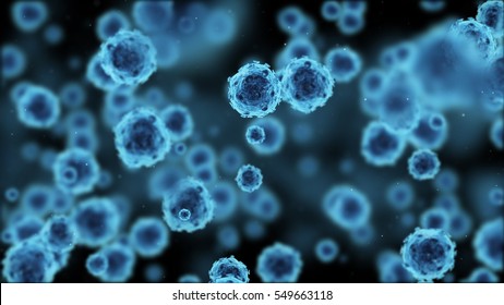 Herpes virus or germs microorganism cells under microscope. Fast multiplication of bacteria. Infection and microbe. Microbiology, popular scientific black background. High Quality 3D Render.