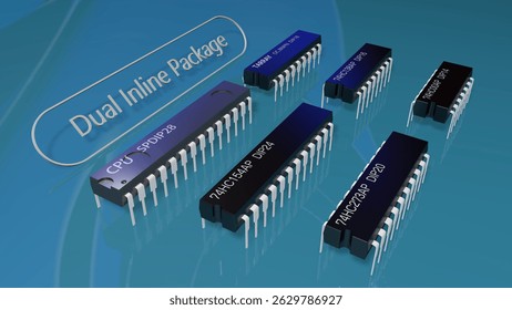 hese are 3D renderings of digital ICs from a previous era. These components were used in computers and were classified by their shape as Dual In-line Package, abbreviated as 'DIP' type.