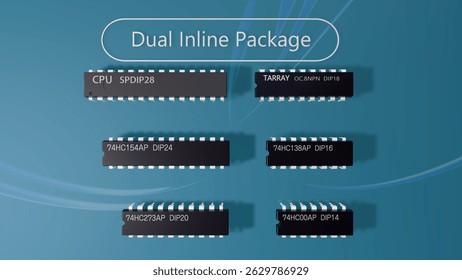 hese are 3D renderings of digital ICs from a previous era. These components were used in computers and were classified by their shape as Dual In-line Package, abbreviated as 'DIP' type.