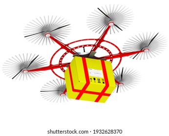 Hexacopter For Parcel Delivery. Unmanned Aerial Vehicle With Six Propellers For Parcel Delivery With Yellow Parcel Box. 3D Illustration