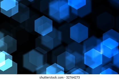 Hexagon Bokeh Background, Blue Over Black