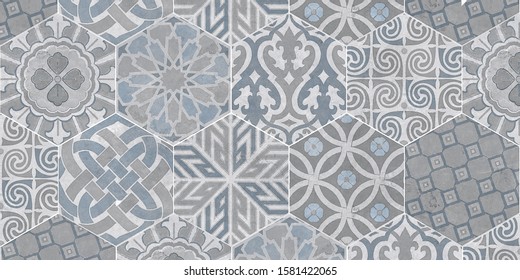 Hexagon With Cement Texture.gray And Blue Illustration For Inner Design Or Background Texture.