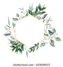 Hexagon Eucalyptus Frame. Hand Drawn Flowers Card Design With Green Leaves, Branches. Greeting Or Wedding Template.