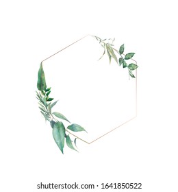 Hexagon Floral Frame. Hand Drawn Plants Wreath With Green Leaves, Branches. Greeting Card, Label Or Wedding Template.