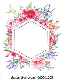 Hexagon Floral Frame. Hand Drawn Flowers Card Design With Peony, Lavender, Fern Leaves, Anemone And Roses. Greeting Or Wedding Template.