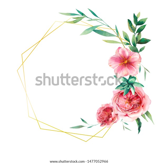 六角形花柄の枠 牡丹 バラ シダの葉 多肉質の手描きの花札デザイン あいさつ文または結婚式のテンプレート のイラスト素材