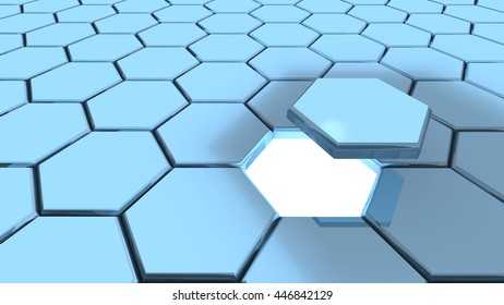 Hexagon Grid In Blue , One Piece With Flying Above Revealing A While Glowing Hole 3D Illustration Backdoor Concept