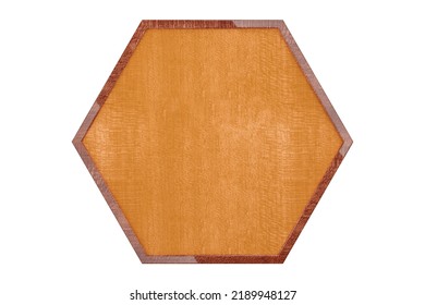 Hexagon Or Honeycomb Shaped Empty, Blank Wood Sign, Board Or Plaque With Dark Wood Frame Isolated On White Background, 3D Illustration