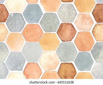 Hexagon Pattern Hand-drawn With Watercolor In Orange And Gray