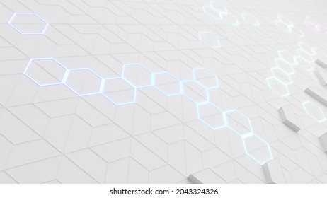 Hexagon pattern on white background.,Hexagonal molecule structure on white,science and technology concept,neon light,3d rendering