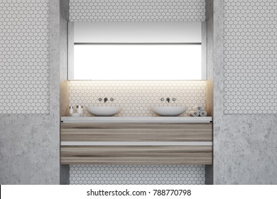 Hexagon Tile And White Wall Bathroom Interior With A Double Sink Standing On A Wooden Shelf. 3d Rendering Mock Up