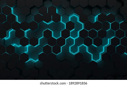 Hexagonal abstract background. Futuristic cellular 3d panel with hexagons and neon light. Ceramic or metallic tile. 3d wall texture.  Geometric background for interior wallpaper design