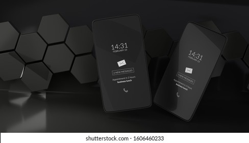 hexagonal design dark mode mobile phone 3d-illustration