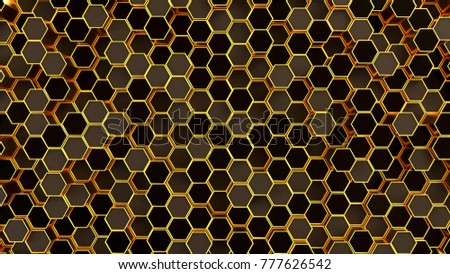 Hexagonal golden surface, 3d render illustration