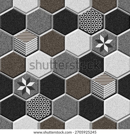 Hexagonal tiles create a geometric pattern with various textures and colors.