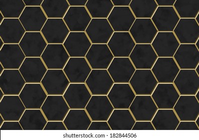 Hexagons black screen background texture with marble and gold trim / Black hexagons and gold trim 