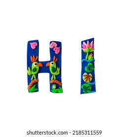 Hi colorful phrase handmade of clay in childish nursery kid toddler style with tropical plants, flowers, parrot birds in jungles.
