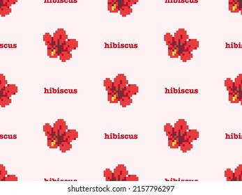 Hibiscus Cartoon Character Seamless Pattern On Pink Background. Pixel Style