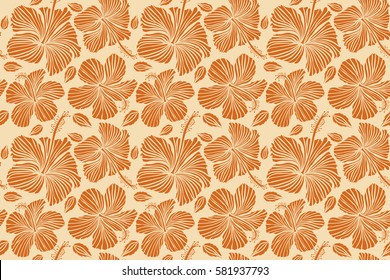 Hibiscus floral pattern. Watercolor hand drawing style. Design in beige and orange colors for invitation, wedding or greeting cards, textile, prints or fabric. Floral seamless pattern hibiscus flowers