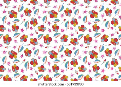 Hibiscus flower and leaves pattern on a white background in a trendy multicolored style. Raster hawaiian tropical natural floral seamless pattern.