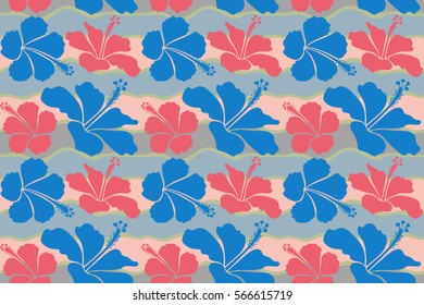 Hibiscus flower seamless pattern in pink and blue colors.