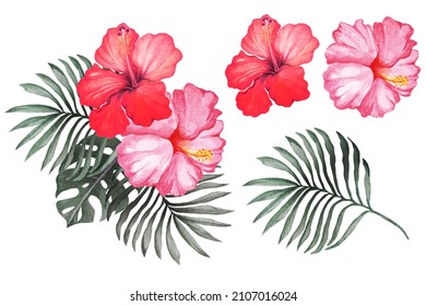 Hibiscus Flowers Palm Leaves Painted Watercolorshand Stock Illustration ...