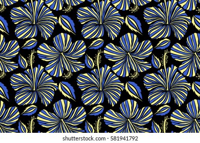 Hibiscus flowers seamless pattern on a black background in yellow and blue colors.