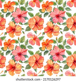 Hibiscus Seamless Pattern For Fabric, Wrapping Paper And Wallpaper. Hand Drawn Watercolor And Gouache Botanical Illustration