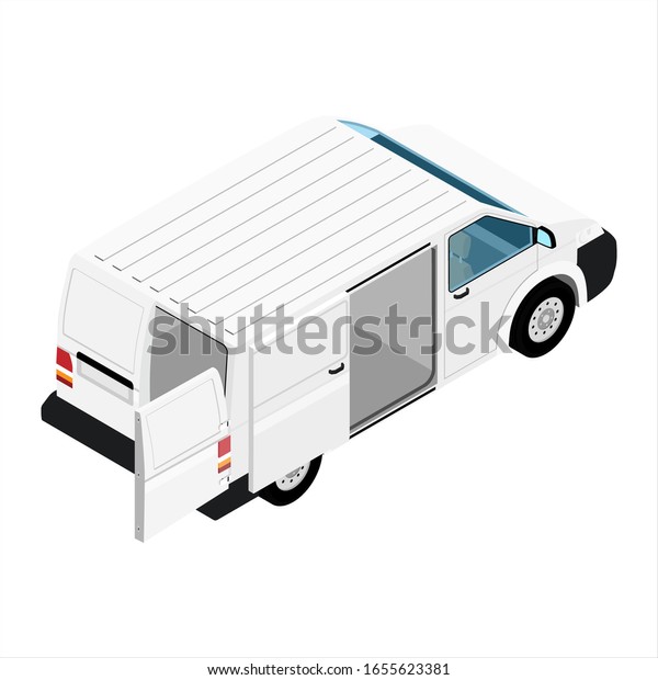 Hi-detailed Cargo Delivery Van\
with opened doors raster isometric view. Mockup Template for\
Branding and Corporate identity design on transport. Realistic\
White Cargo\
Van.