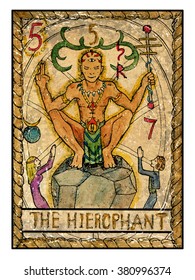 The hierophant.  Full colorful deck, major arcana. The old tarot card, vintage hand drawn engraved illustration with mystic symbols. Priest or magician sitting on stone and holding wand