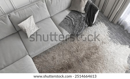 High angle of gray sofa with cushion, shag rug, floor lamp in luxury, modern living room in sunlight on white wainscot wall for interior design decoration, product background 3D