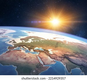 High Angle Satellite View Of Planet Earth, Focused On Europe, East Asia And North Africa, Sun Shining In Outer Space. 3D Illustration - Elements Of This Image Furnished By NASA