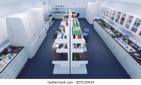 High Angle View Of Empty Scientific Research Laboratory Interior With Various Modern Lab Equipment On Workplace Tables. With No People Medical And Science Concept 3D Illustration From My 3D Rendering.
