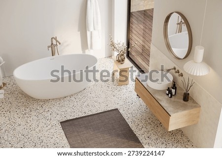 High angle view of modern bathroom with bathtub and oak vanity unit realistic 3d render