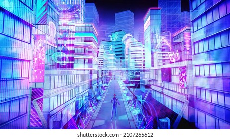 High angle view on man walk on the digital bridge to futuristic metaverse smart city ,  blue and violet color tone , 3d rendering picture .