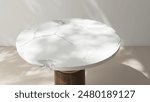 High angle view of round white marble pedestal table podium in dapple sunlight, shadow on white wall, beige floor for luxury organic cosmetic, skincare, body care, beauty product background 3D