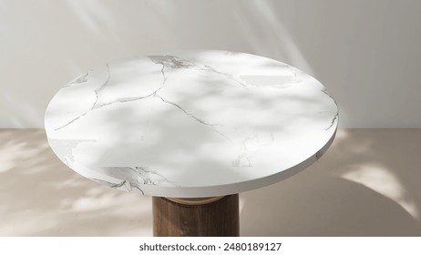 High angle view of round white marble pedestal table podium in dapple sunlight, shadow on white wall, beige floor for luxury organic cosmetic, skincare, body care, beauty product background 3D