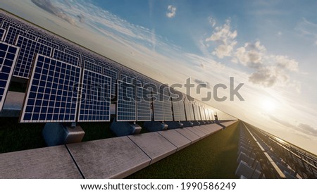 High Angle View of a Solar Panel Farm Beneath a Hazy Sun 3D Rendering