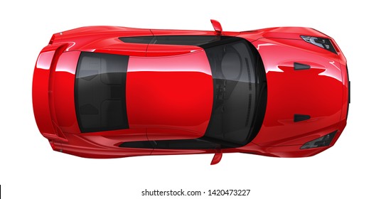 High Angle View Of The Top Of A Red Coupe Car  - 3D Illustration 